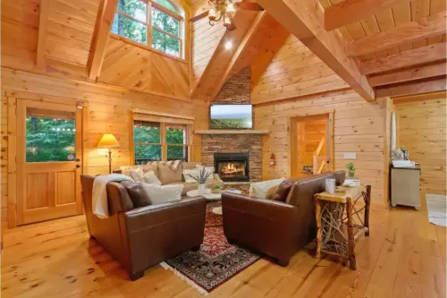 High-end living room with soaring vaulted ceiling, high stone mantle gas fireplace, 65 smart TV and the views of the Grandfather mountain and the surrounding forests.